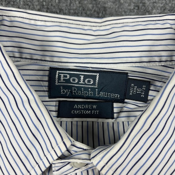 Polo Ralph Lauren Dress Shirt Mens 16 34/35 White Blue Stripe Custom Fit - Picture 3 of 8